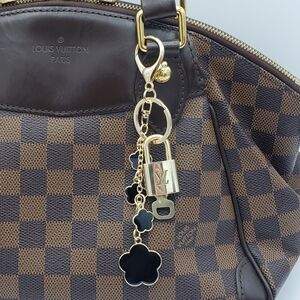 Authentic Louis Vuitton Gold Padlock with Unbranded Black Flower Keycharm 020126